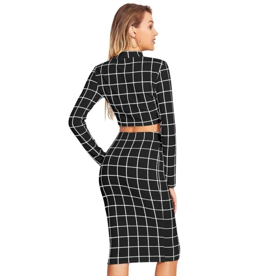Generic Women's Polyester Checkered Full Sleeves Stand Collar Crop Top Skirt Set (Black) Generic Women's Polyester Checkered Full Sleeves Stand Collar Crop Top Skirt Set (Black)