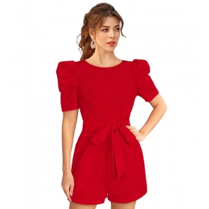 Generic Women's Knitting stretchable Solid Round Neck 3-4 Puff Sleeve Dress (Red )