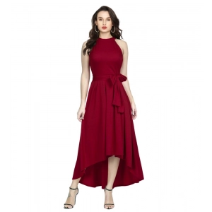 Generic Women's Polyster Solid Helter Neck Sleeveless Dresses (Maroon)