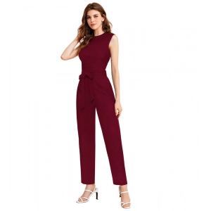 Generic Women's Knitting strachable Solid Round Neck Sleeveless Jumpsuit (Maroon)