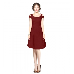 Generic Women's Polyester Solid V Neck Cap Sleeve off Shoulder Dress (Maroon)