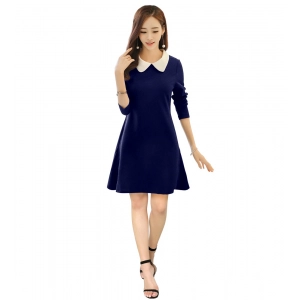 Generic Women's Polyester Solid Collar 3-4th Dress (Blue)