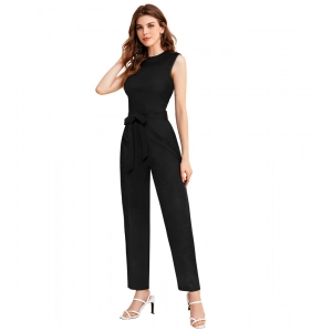 Generic Women's Knitting strachable Solid Round Neck Sleeveless Jumpsuit (Black)