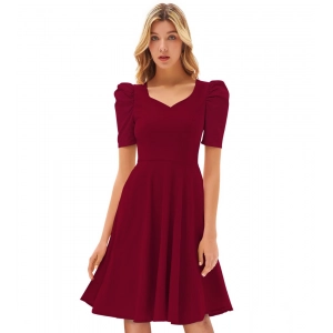 Generic Women's Knitting stretchable Solid V Neck Cap Sleeve Dress (Maroon)