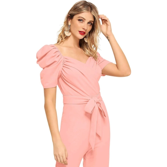 Generic Women's Polyester Solid Sweet Heart Short Sleeve Jumpsuit (Peach)