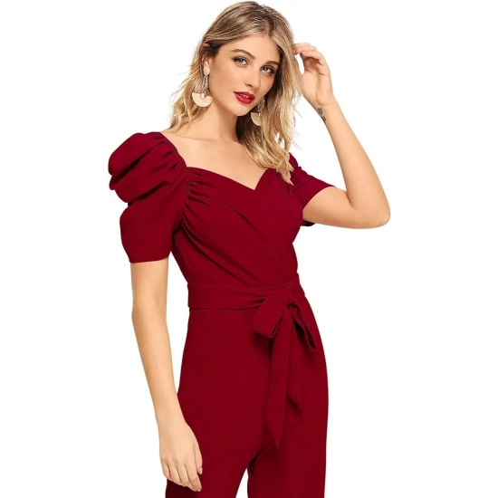 Generic Women's Polyester Solid Sweet Heart Short Sleeve Jumpsuit (Maroon)