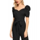 Generic Women's Polyester Solid Sweet Heart Short Sleeve Jumpsuit (Black)