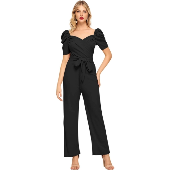 Generic Women's Polyester Solid Sweet Heart Short Sleeve Jumpsuit (Black)
