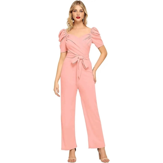 Generic Women's Polyester Solid Sweet Heart Short Sleeve Jumpsuit (Peach)