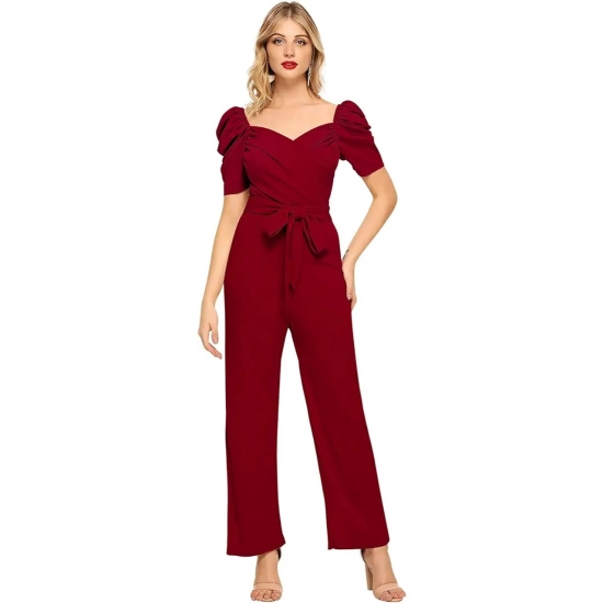 Generic Women's Polyester Solid Sweet Heart Short Sleeve Jumpsuit (Maroon)