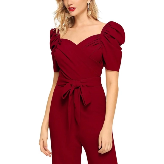 Generic Women's Polyester Solid Sweet Heart Short Sleeve Jumpsuit (Maroon)