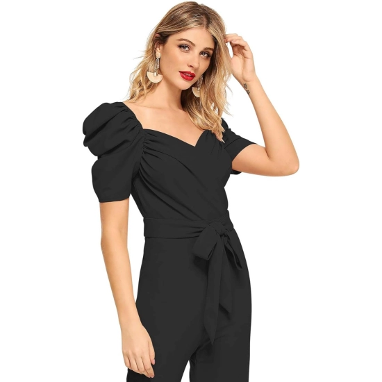 Generic Women's Polyester Solid Sweet Heart Short Sleeve Jumpsuit (Black)