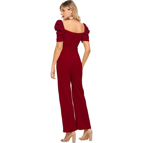Generic Women's Polyester Solid Sweet Heart Short Sleeve Jumpsuit (Maroon)