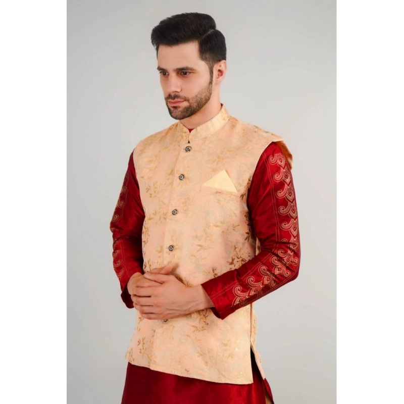 Men's Jacquard Self-Design Sleeveless Mandarin Neck Waistcoat (Beige) Men's Jacquard Self-Design Sleeveless Mandarin Neck Waistcoat (Beige)