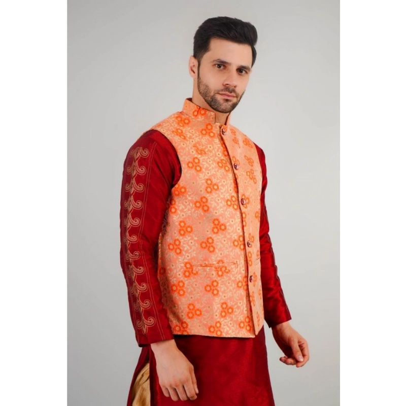 Men's Jacquard Self-Design Sleeveless Mandarin Neck Waistcoat (Orange) Men's Jacquard Self-Design Sleeveless Mandarin Neck Waistcoat (Orange)