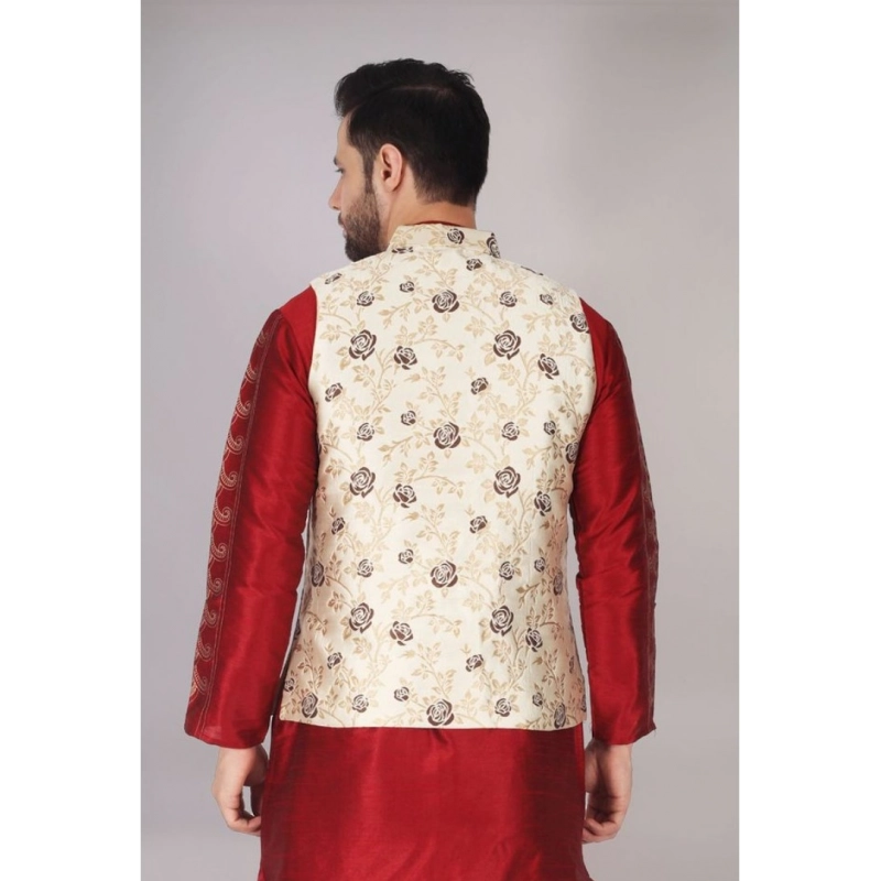 Men's Jacquard Self-Design Sleeveless Mandarin Neck Waistcoat (Cream)