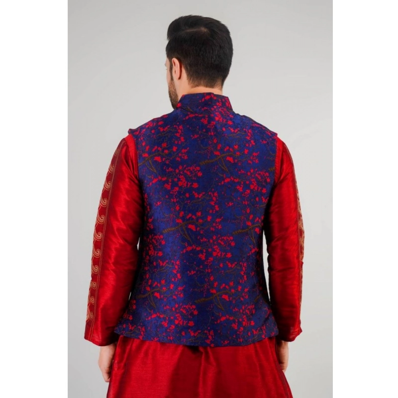 Men's Jacquard Self-Design Sleeveless Mandarin Neck Waistcoat (Blue-Red)