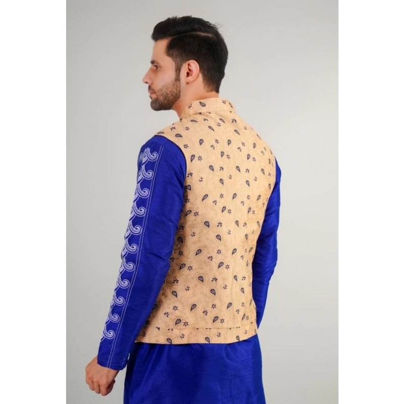 Men's Jacquard Self-Design Sleeveless Mandarin Neck Waistcoat (Beige) Men's Jacquard Self-Design Sleeveless Mandarin Neck Waistcoat (Beige)