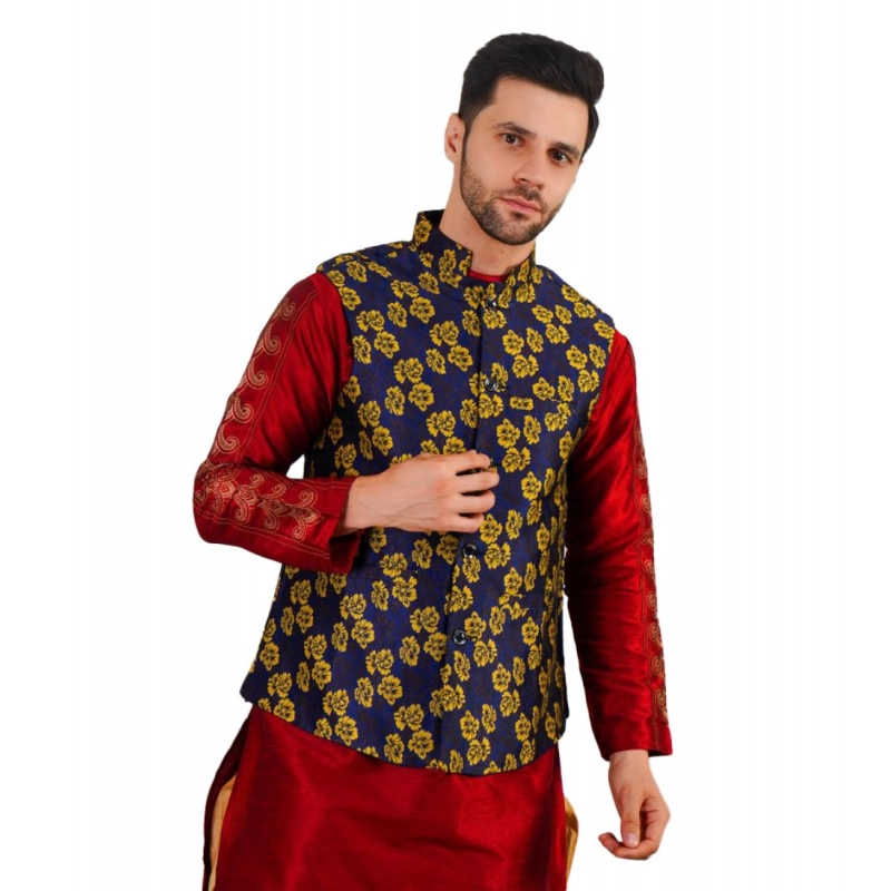 Men's Jacquard Self-Design Sleeveless Mandarin Neck Waistcoat (Blue-Gold) Men's Jacquard Self-Design Sleeveless Mandarin Neck Waistcoat (Blue-Gold)