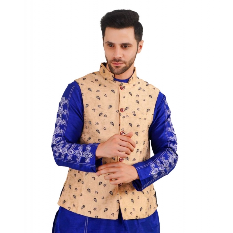 Men's Jacquard Self-Design Sleeveless Mandarin Neck Waistcoat (Beige) Men's Jacquard Self-Design Sleeveless Mandarin Neck Waistcoat (Beige)