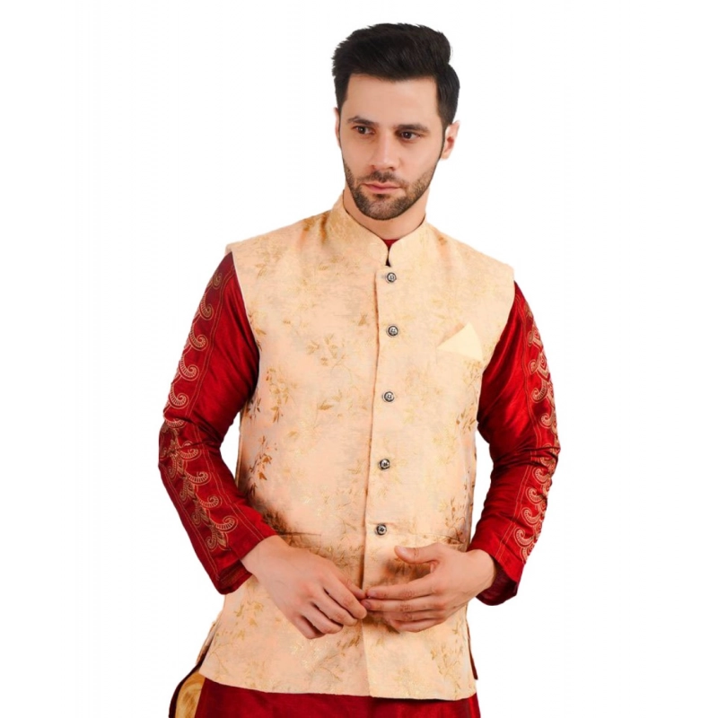 Men's Jacquard Self-Design Sleeveless Mandarin Neck Waistcoat (Beige) Men's Jacquard Self-Design Sleeveless Mandarin Neck Waistcoat (Beige)