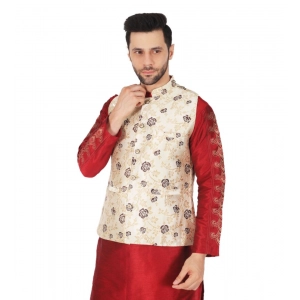 Generic Men's Jacquard Self-Design Sleeveless Mandarin Neck Waistcoat (Cream)