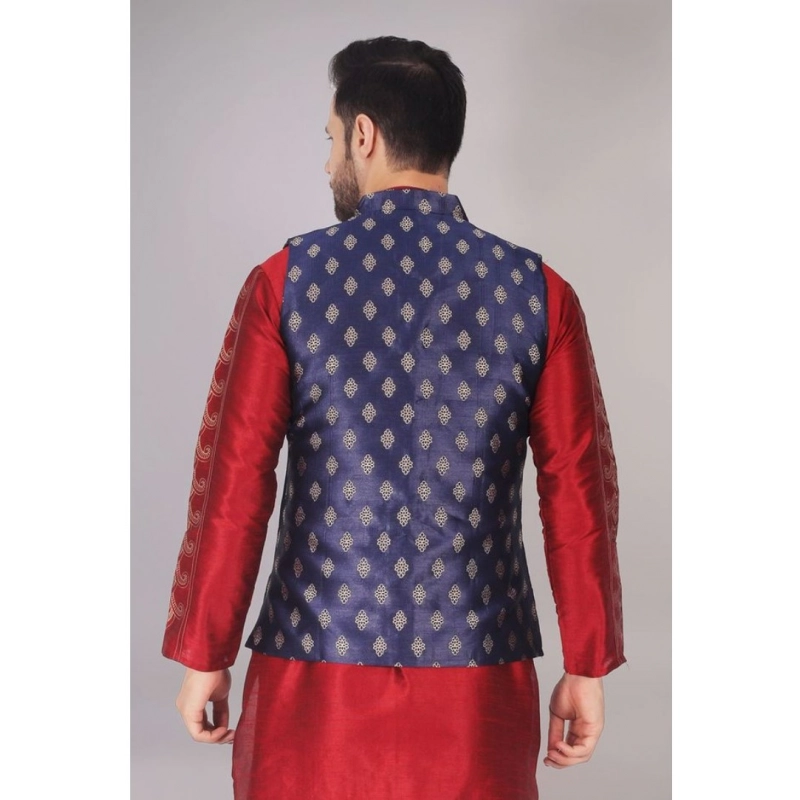 Men's Jacquard Self-Design Sleeveless Mandarin Neck Waistcoat (NavyBlue-Gold) Men's Jacquard Self-Design Sleeveless Mandarin Neck Waistcoat (NavyBlue-Gold)