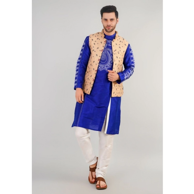 Men's Jacquard Self-Design Sleeveless Mandarin Neck Waistcoat (Beige) Men's Jacquard Self-Design Sleeveless Mandarin Neck Waistcoat (Beige)