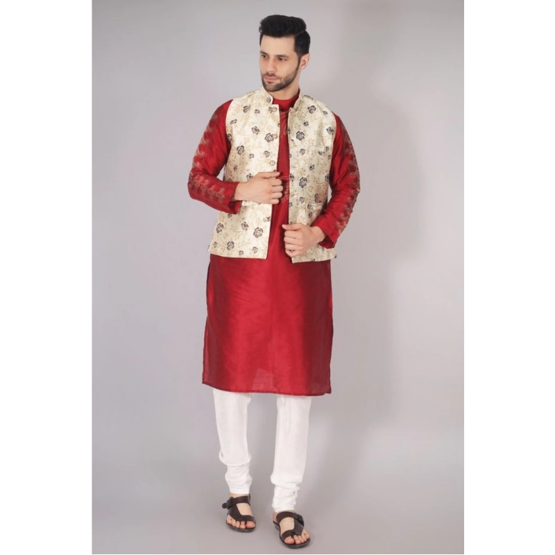 Men's Jacquard Self-Design Sleeveless Mandarin Neck Waistcoat (Cream)