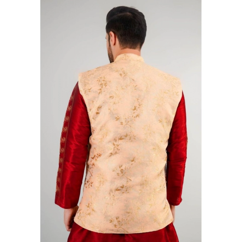 Men's Jacquard Self-Design Sleeveless Mandarin Neck Waistcoat (Beige) Men's Jacquard Self-Design Sleeveless Mandarin Neck Waistcoat (Beige)