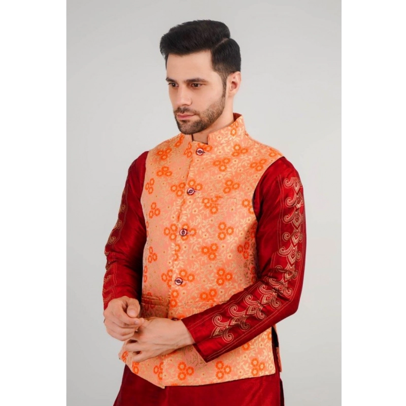 Men's Jacquard Self-Design Sleeveless Mandarin Neck Waistcoat (Orange) Men's Jacquard Self-Design Sleeveless Mandarin Neck Waistcoat (Orange)