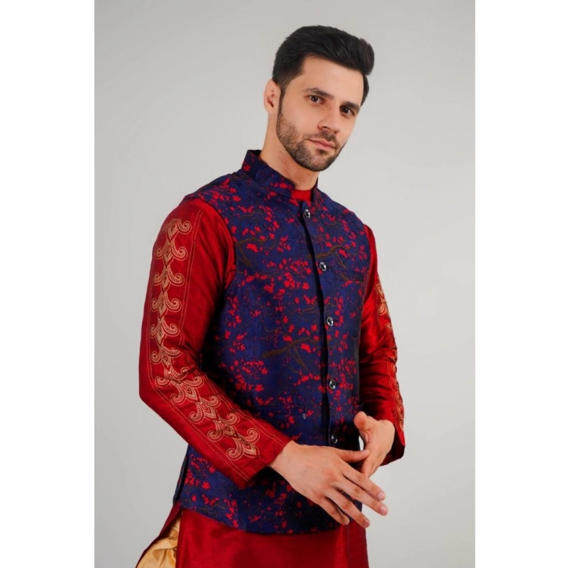 Men's Jacquard Self-Design Sleeveless Mandarin Neck Waistcoat (Blue-Red)