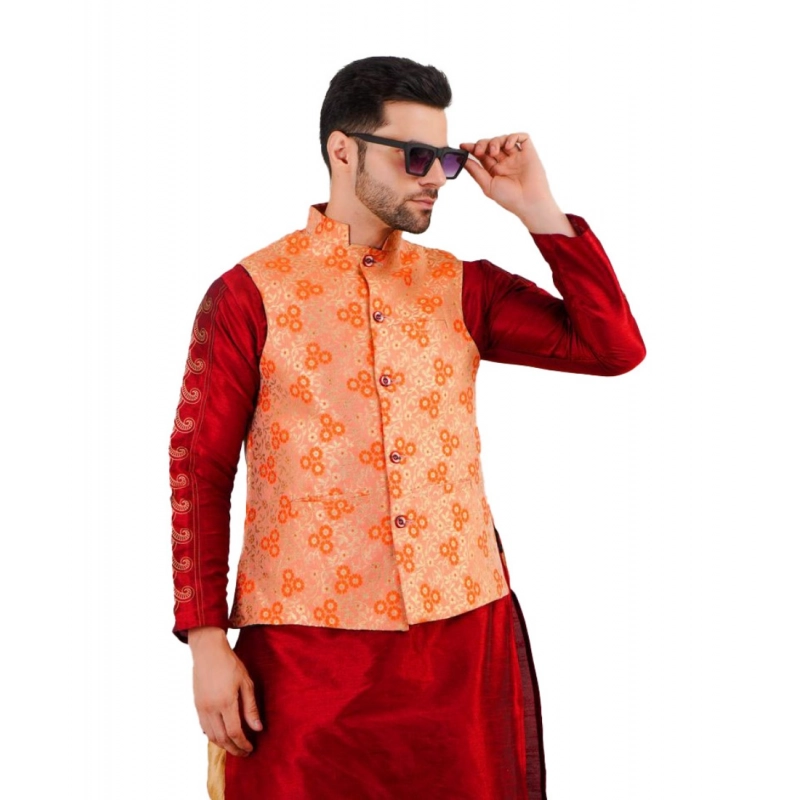 Men's Jacquard Self-Design Sleeveless Mandarin Neck Waistcoat (Orange) Men's Jacquard Self-Design Sleeveless Mandarin Neck Waistcoat (Orange)