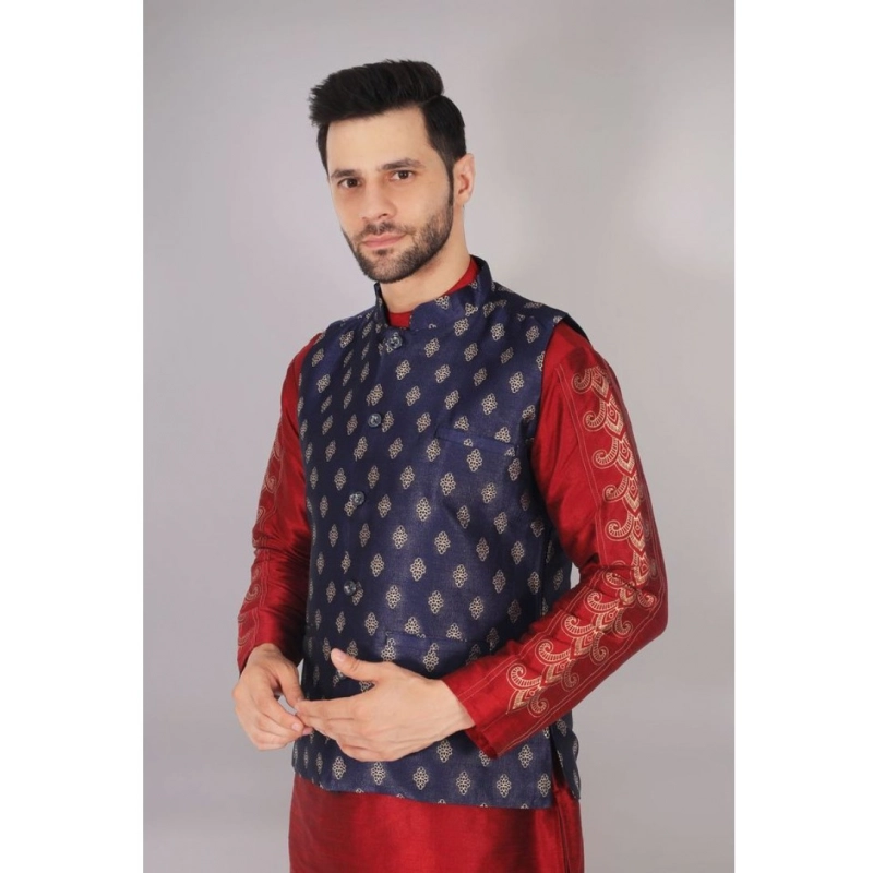 Men's Jacquard Self-Design Sleeveless Mandarin Neck Waistcoat (NavyBlue-Gold) Men's Jacquard Self-Design Sleeveless Mandarin Neck Waistcoat (NavyBlue-Gold)