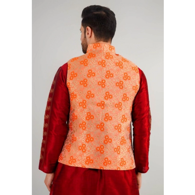 Men's Jacquard Self-Design Sleeveless Mandarin Neck Waistcoat (Orange) Men's Jacquard Self-Design Sleeveless Mandarin Neck Waistcoat (Orange)