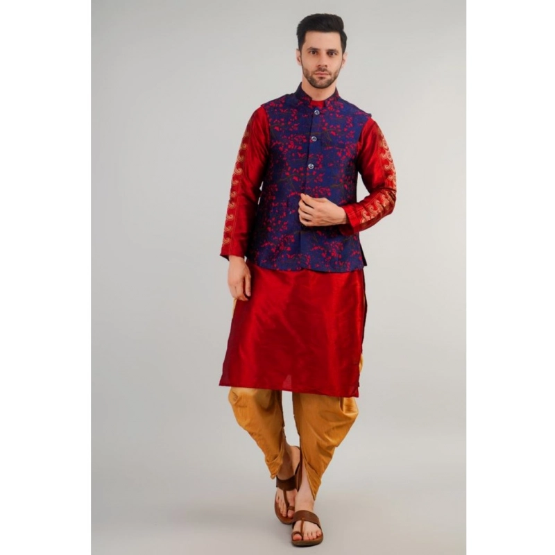 Men's Jacquard Self-Design Sleeveless Mandarin Neck Waistcoat (Blue-Red)