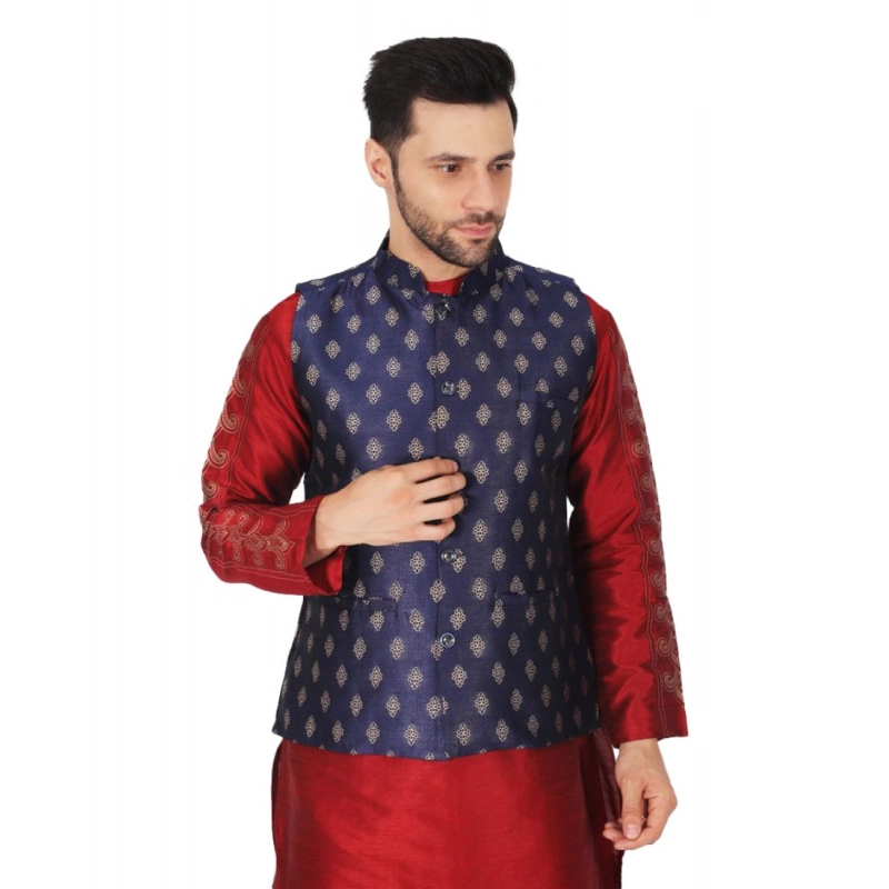 Men's Jacquard Self-Design Sleeveless Mandarin Neck Waistcoat (NavyBlue-Gold) Men's Jacquard Self-Design Sleeveless Mandarin Neck Waistcoat (NavyBlue-Gold)