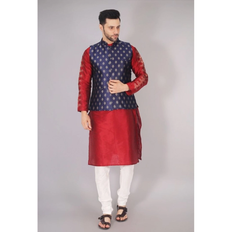 Men's Jacquard Self-Design Sleeveless Mandarin Neck Waistcoat (NavyBlue-Gold) Men's Jacquard Self-Design Sleeveless Mandarin Neck Waistcoat (NavyBlue-Gold)