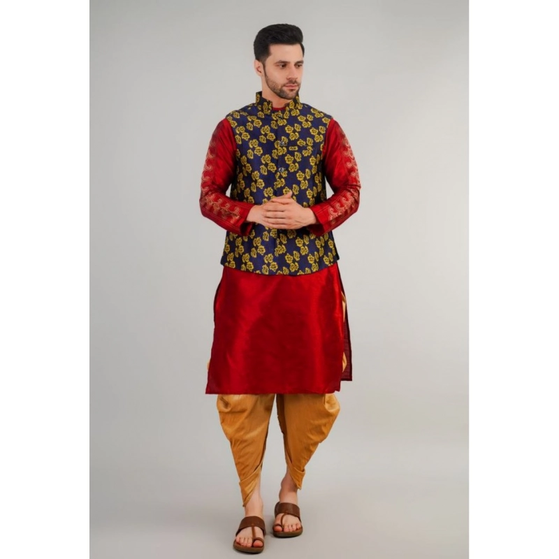 Men's Jacquard Self-Design Sleeveless Mandarin Neck Waistcoat (Blue-Gold) Men's Jacquard Self-Design Sleeveless Mandarin Neck Waistcoat (Blue-Gold)