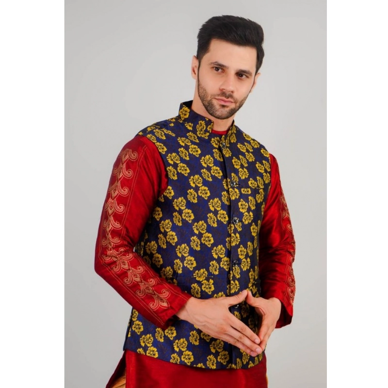 Men's Jacquard Self-Design Sleeveless Mandarin Neck Waistcoat (Blue-Gold) Men's Jacquard Self-Design Sleeveless Mandarin Neck Waistcoat (Blue-Gold)