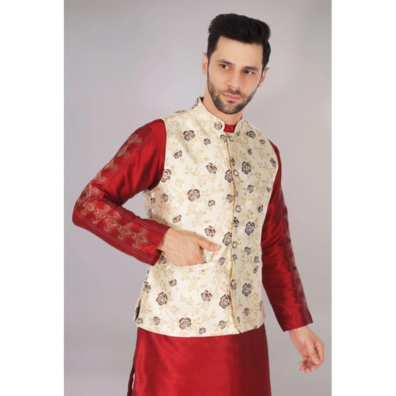 Men's Jacquard Self-Design Sleeveless Mandarin Neck Waistcoat (Cream)