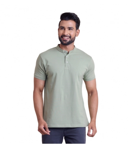 Generic Men's Casual Cotton Solid Half Sleeve Mandarin Collar T-Shirt (Newsage)