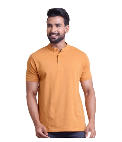 Generic Men's Casual Cotton Solid Half Sleeve Mandarin Collar T-Shirt (Brown)
