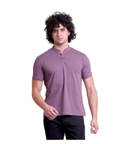 Generic Men's Casual Cotton Solid Half Sleeve Mandarin Collar T-Shirt (Berry)