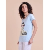 Generic Women's Casual Cotton Printed Half Sleeve Round Neck T-Shirt (Skyblue)