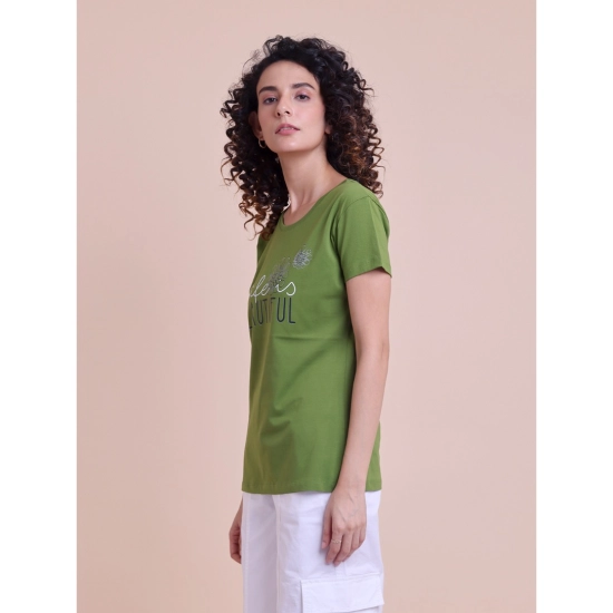 Generic Women's Casual Cotton Printed Half Sleeve Round Neck T-Shirt (Olive)