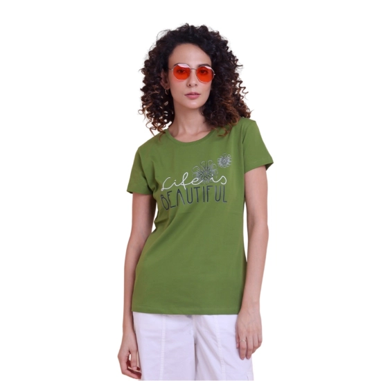 Generic Women's Casual Cotton Printed Half Sleeve Round Neck T-Shirt (Olive)