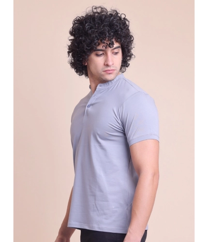Generic Men's Casual Cotton Solid Half Sleeve Mandarin Collar T-Shirt (Teegrey)