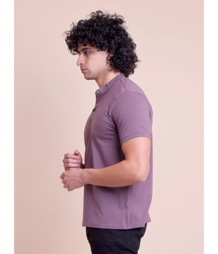 Generic Men's Casual Cotton Solid Half Sleeve Mandarin Collar T-Shirt (Berry)