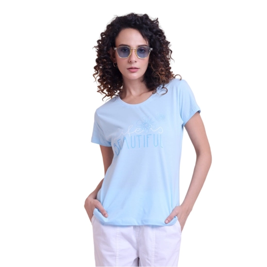 Generic Women's Casual Cotton Printed Half Sleeve Round Neck T-Shirt (Blue)